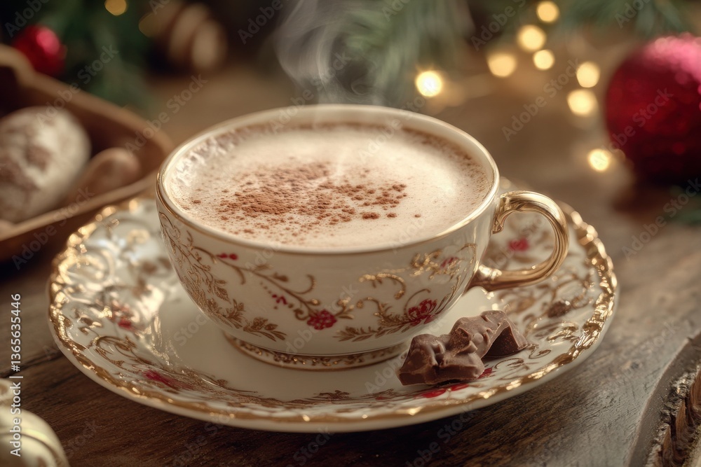 A warm and inviting scene featuring a steaming cup of hot chocolate or coffee placed on a decorative saucer for a cozy and comforting moment A warm and inviting scene featuring a steaming cup of hot chocolate or coffee placed on a decorative saucer for a cozy and comforting moment