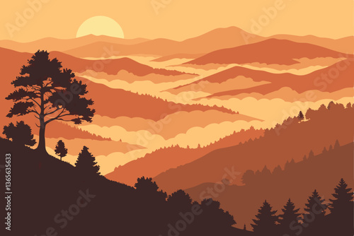 14 Majestic mountain landscape, golden sunrise, layers of misty peaks, fog-filled valleys, dramatic sunburst, vibrant orange sky, rolling hills, ethereal atmosphere, panoramic view, layered mountain s