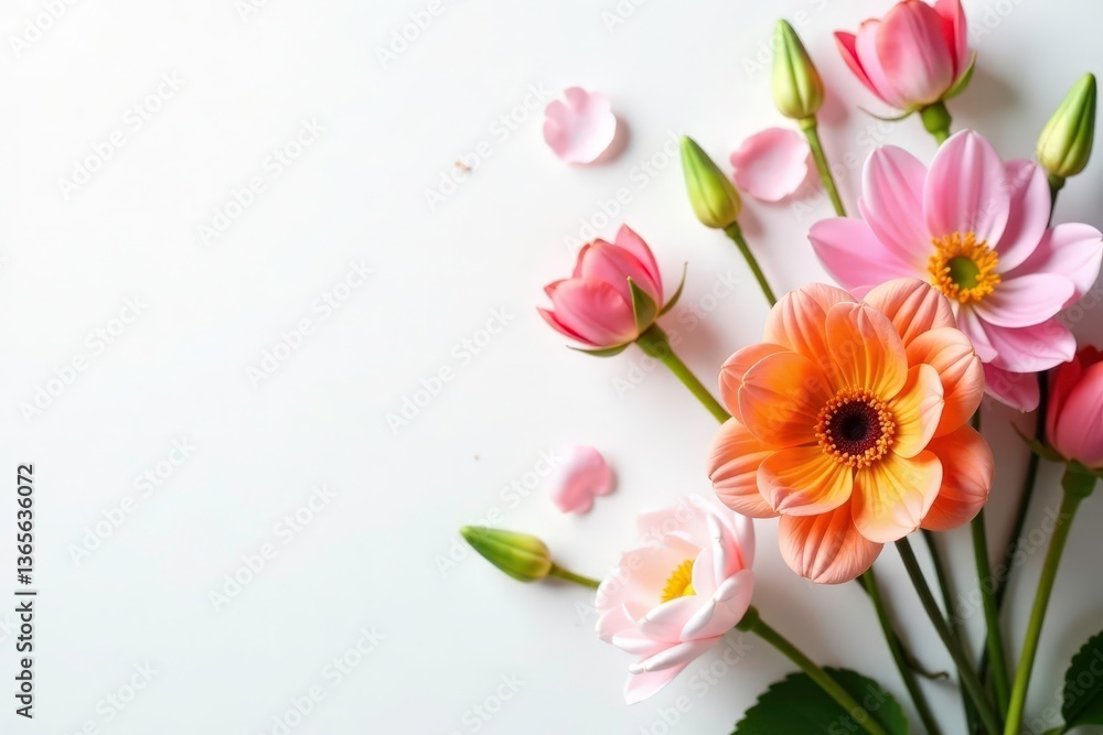 Fototapeta premium Bright white background highlighting delicate floral arrangement, high resolution, romantic