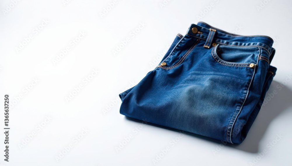 Classic blue denim jeans, crisply folded on white , shot, apparel Classic blue denim jeans, crisply folded on white , shot, apparel