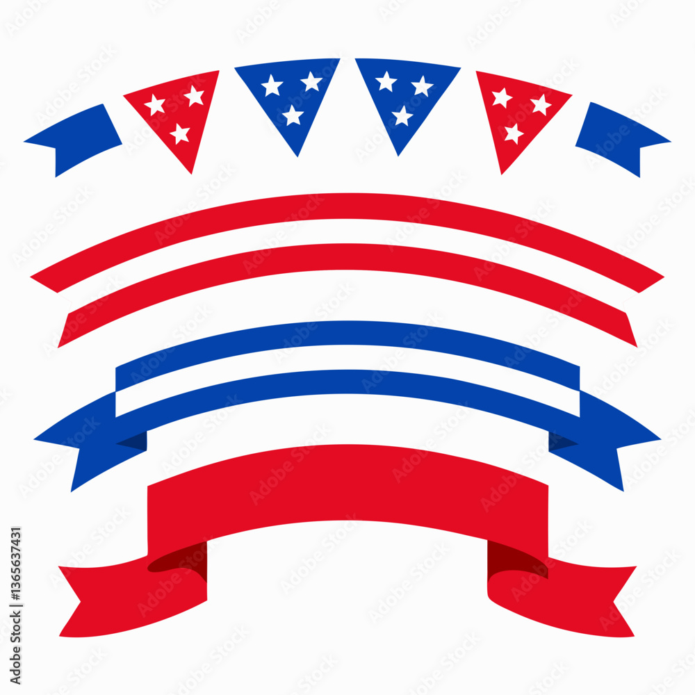 Fototapeta premium Retro-style curved banners and ribbons vector for American holiday celebrations and 4th of July designs.