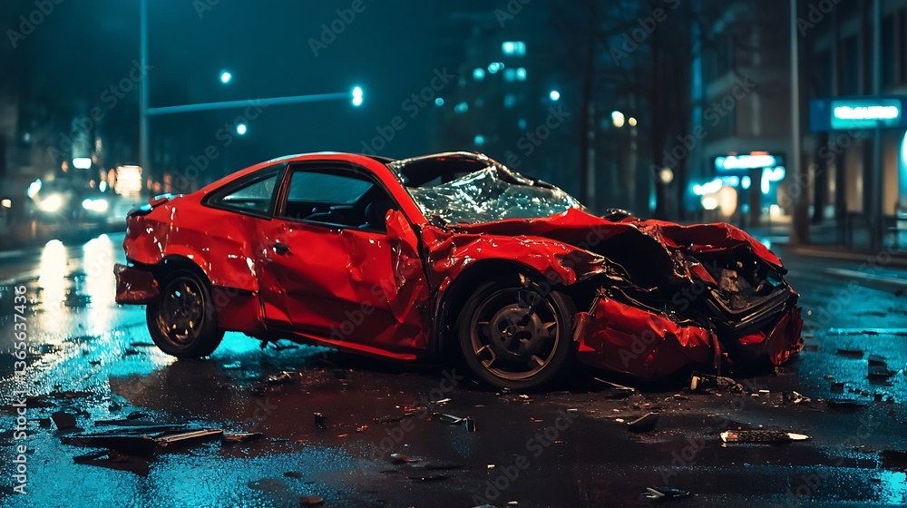 Fototapeta premium Night Crash: A Red Car Wreckage on a City Street