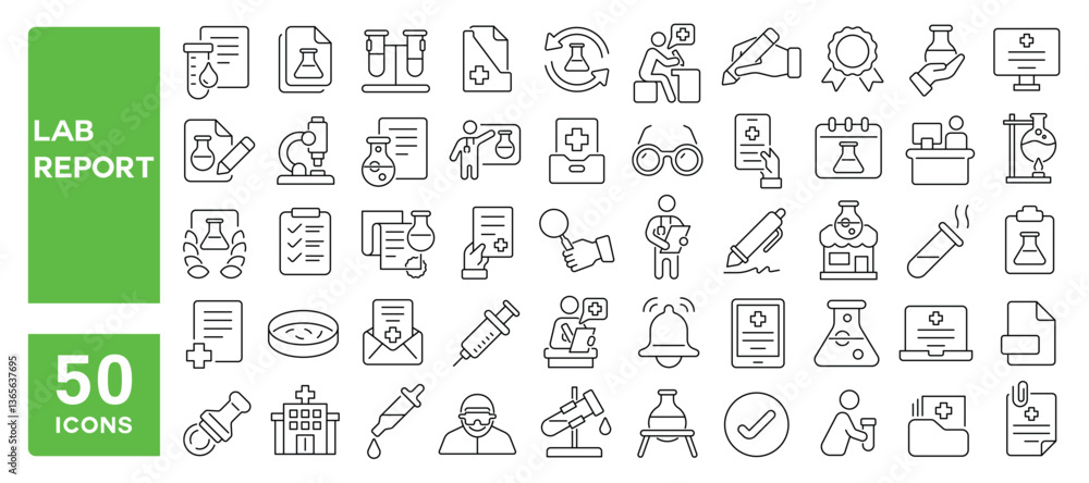 Set of 50 line icons related to lab report, laboratory, medical test, medical check, health checkup, beaker, microscope, science research, Editable stroke. Vector illustration Set of 50 line icons related to lab report, laboratory, medical test, medical check, health checkup, beaker, microscope, science research, Editable stroke. Vector illustration