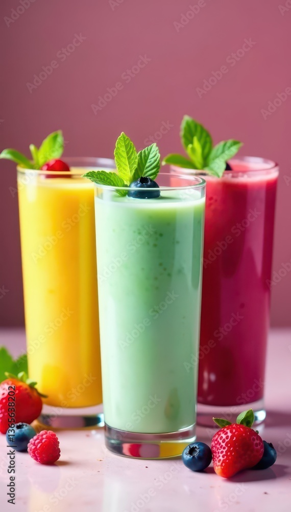 Three colorful smoothies, berry & mint garnish, bright background, visual, photo, overlay Three colorful smoothies, berry & mint garnish, bright background, visual, photo, overlay
