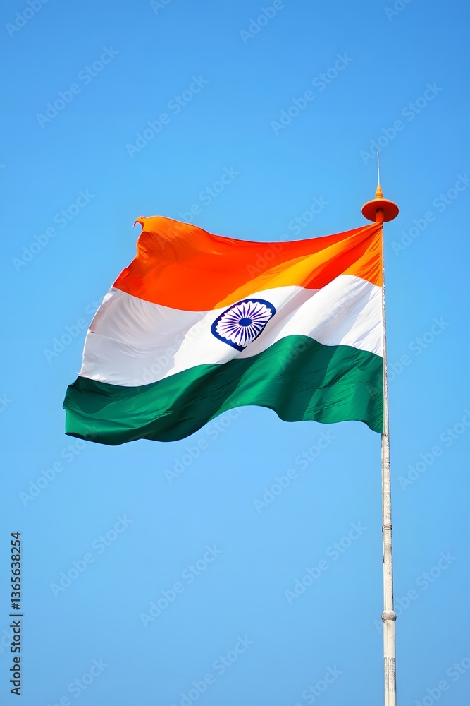Fototapeta premium The national flag of India with its horizontal bands of saffron white, and green, with a navy blue wheel with twenty-four spokes in the center of the white band.