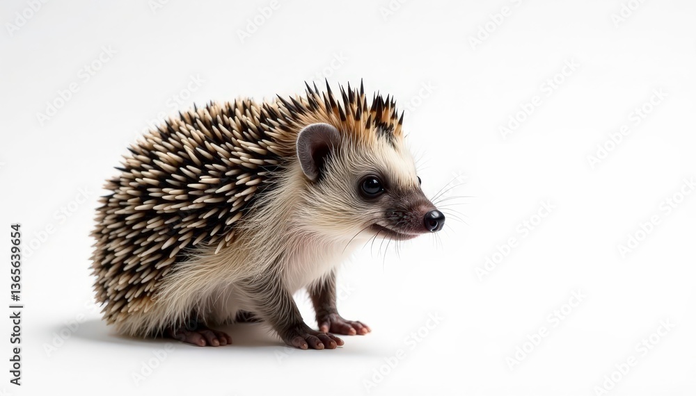 Obraz premium Close-up of a lone hedgehog, facing right, on a plain white backdrop , nature, single, closeup