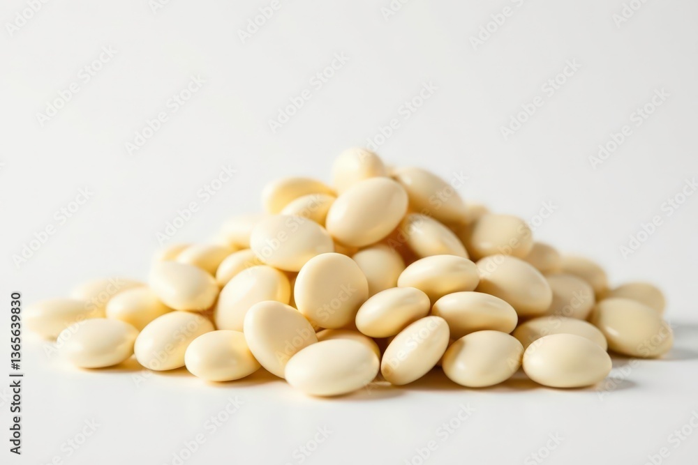 Close-up of a pile of white beans against a stark white backdrop, white background, healthy, nutrition Close-up of a pile of white beans against a stark white backdrop, white background, healthy, nutrition
