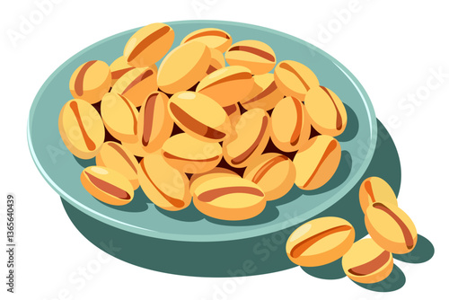 Plate with pistachios. Vector isolated illustration