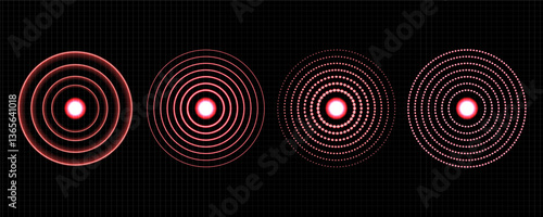 Pain Relief Target Icons: Concentric Red Circles for Healthcare, Radar, and Sound Wave Concepts. Pain red circle or localization mark, aching place sign, abstract symbol of pain