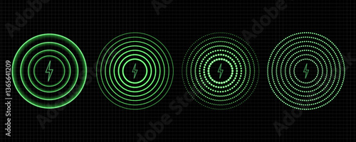 Green Sensor Wave Effect: Bright Radar and Sonar Signals for Wireless Technology on Transparent Background. Realistic set of green radio wave signal signs isolated on transparent background. 