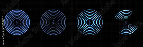 Sensor Wave Effect: Glowing Blue Radar and Sonar Signal for Wireless Technology on Transparent Background. Wi-Fi Signal Light Effect: Neon Blue Rings for Wireless Internet Connection. Vector.
