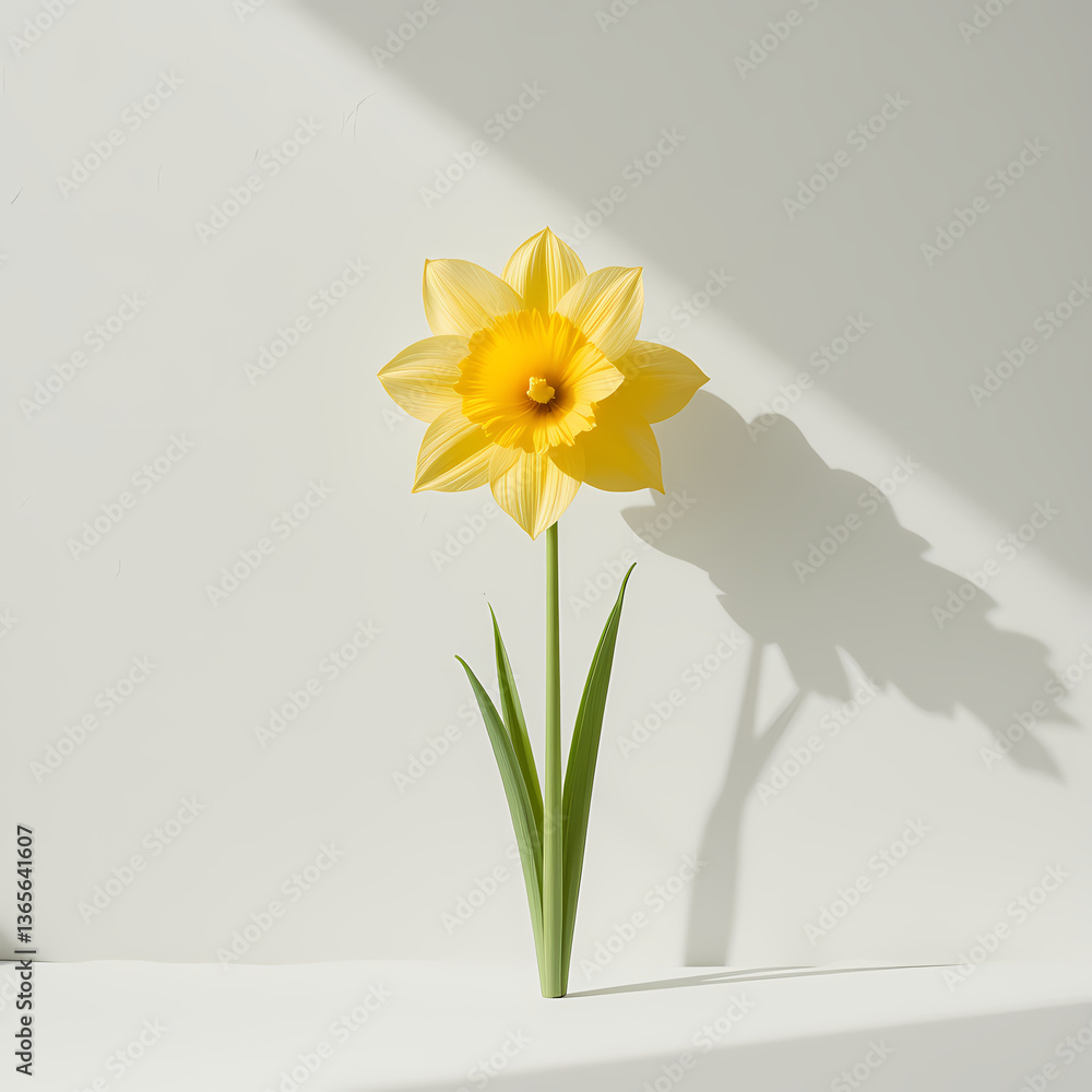 Obraz premium Single Yellow Daffodil in Sunlight, Elegant daffodil blossom, spring, shadow, minimal