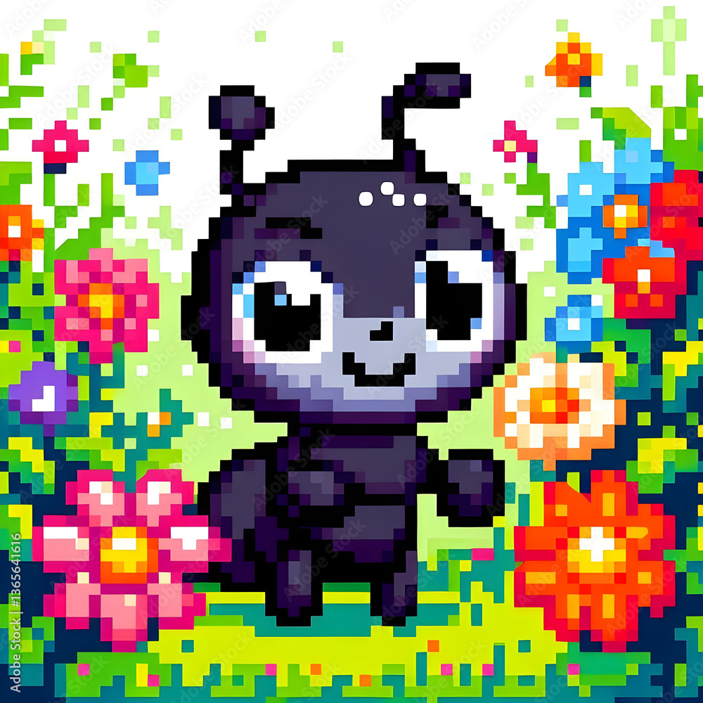 Charming pixel art of a cute ant surrounded by vibrant flowers creates a cheerful and nostalgic scene. Charming pixel art of a cute ant surrounded by vibrant flowers creates a cheerful and nostalgic scene.