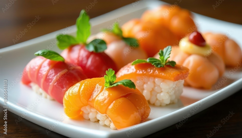 Close-up of various Japanese appetizers on white plate, texture, takoyaki, gastronomy Close-up of various Japanese appetizers on white plate, texture, takoyaki, gastronomy