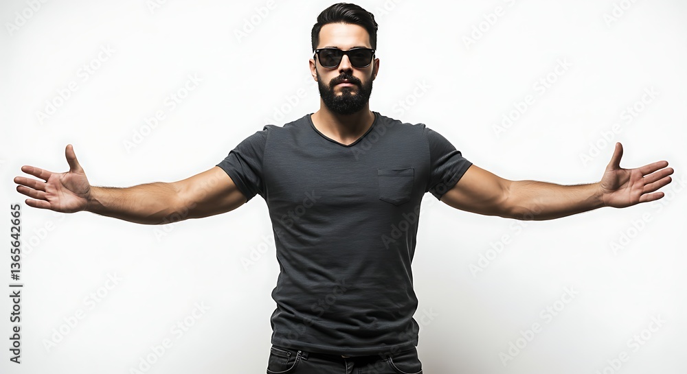 Man with sunglasses and arms outstretched wideisolated on white background Man with sunglasses and arms outstretched wideisolated on white background