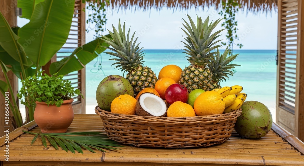 Fresh tropical fruits in a basket by the beach on a sunny day Fresh tropical fruits in a basket by the beach on a sunny day