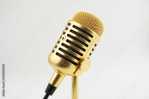 Close-up shot of a single gold microphone isolated on white , studio, golden