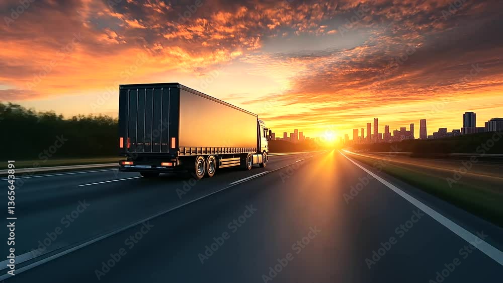 A high-speed shot of a recycling truck on a highway leading into the city, with a sunrise casting long shadows over the urban skyline. A high-speed shot of a recycling truck on a highway leading into the city, with a sunrise casting long shadows over the urban skyline.