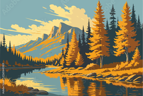 16 Vibrant autumn landscape, serene lake reflection, golden foliage, evergreen trees, clear blue sky, wispy clouds, tranquil water surface, mountain backdrop, picturesque nature scene, fall colors, mi