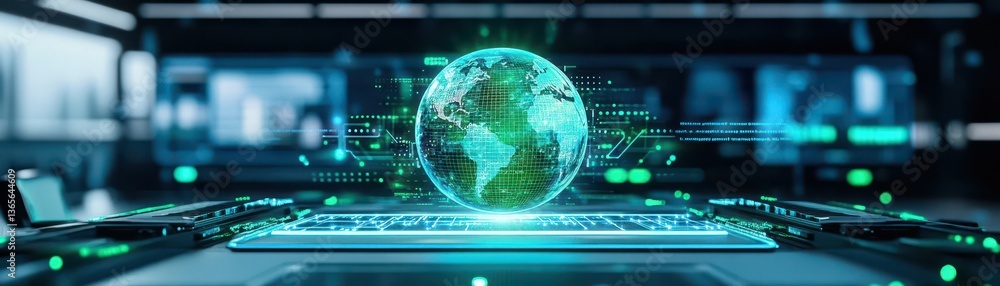 A sleek modern laptop resting elegantly on a green globe symbolizing global connectivity and environmental awareness in a contemporary workspace setting A sleek modern laptop resting elegantly on a green globe symbolizing global connectivity and environmental awareness in a contemporary workspace setting
