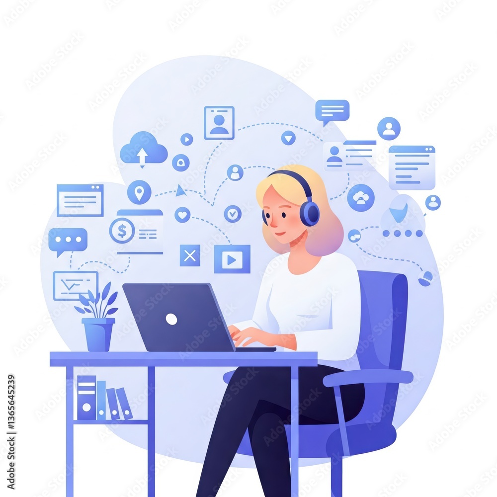 A person working on a laptop with cloud computing and data sharing icons, representing remote work and digital collaboration.
A person working on a laptop with cloud computing and data sharing icons, representing remote work and digital collaboration.