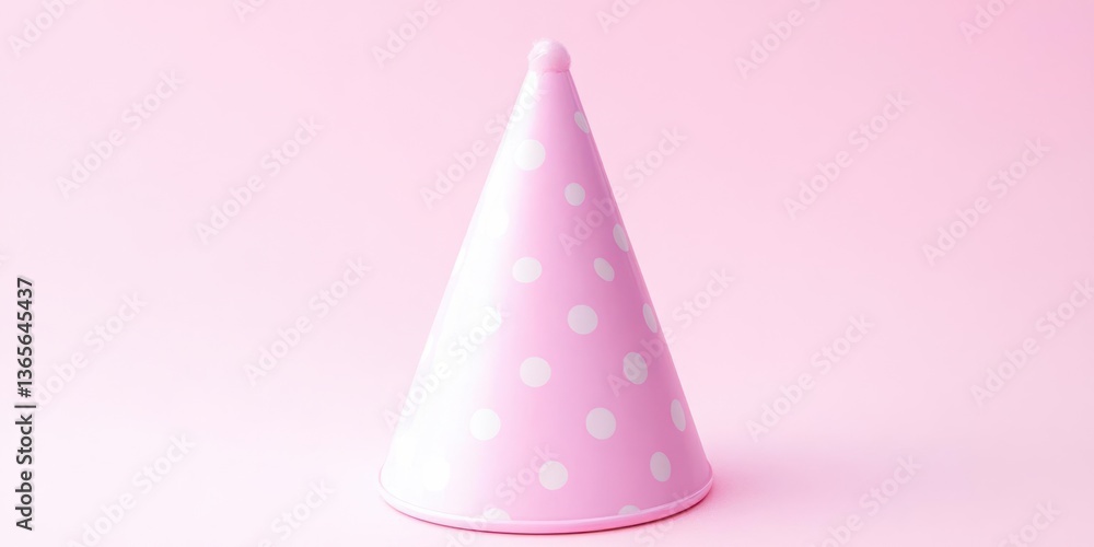 Pink party hat with white polka dots on a soft pink background, ideal for celebrations and events Pink party hat with white polka dots on a soft pink background, ideal for celebrations and events