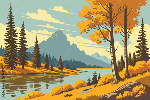 16 Vibrant autumn landscape, serene lake reflection, golden foliage, evergreen trees, clear blue sky, wispy clouds, tranquil water surface, mountain backdrop, picturesque nature scene, fall colors, mi