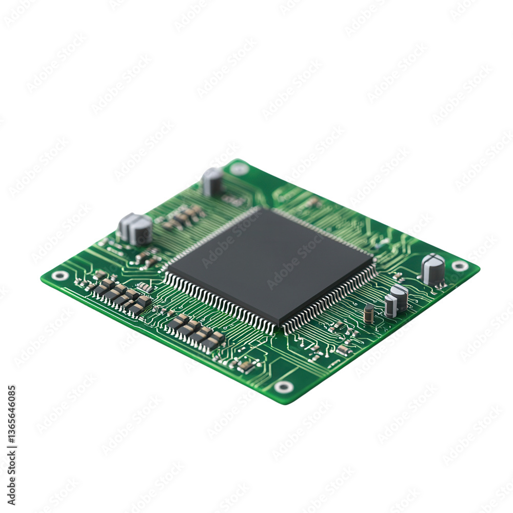 Microchip with printed circuit board design on a black background. Microchip with printed circuit board design on a black background.