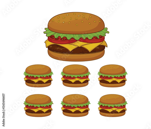 Scrumptious burger illustration with realistic layers of fresh toppings and a soft toasted bun in artistic detail
