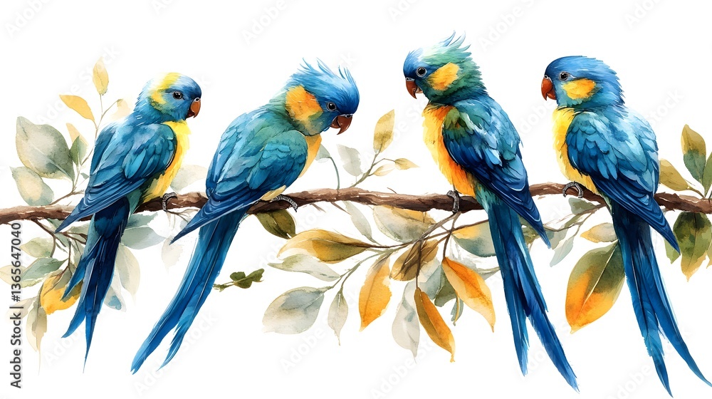 Obraz premium Vibrant Blue Parrots on Branch with Watercolor Leaves Tropical Bird Artwork