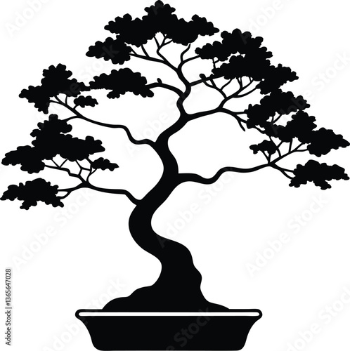 Black bonsai tree silhouette vector, rooted nature illustration