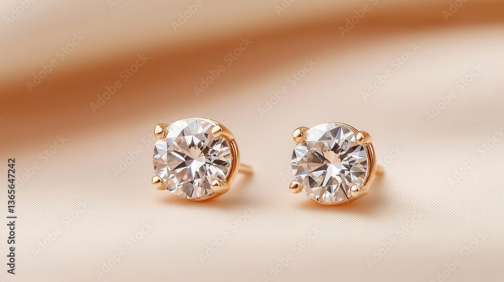 Minimalist diamond stud earrings in a doublecircle design, isolated on a soft beige background Minimalist diamond stud earrings in a doublecircle design, isolated on a soft beige background