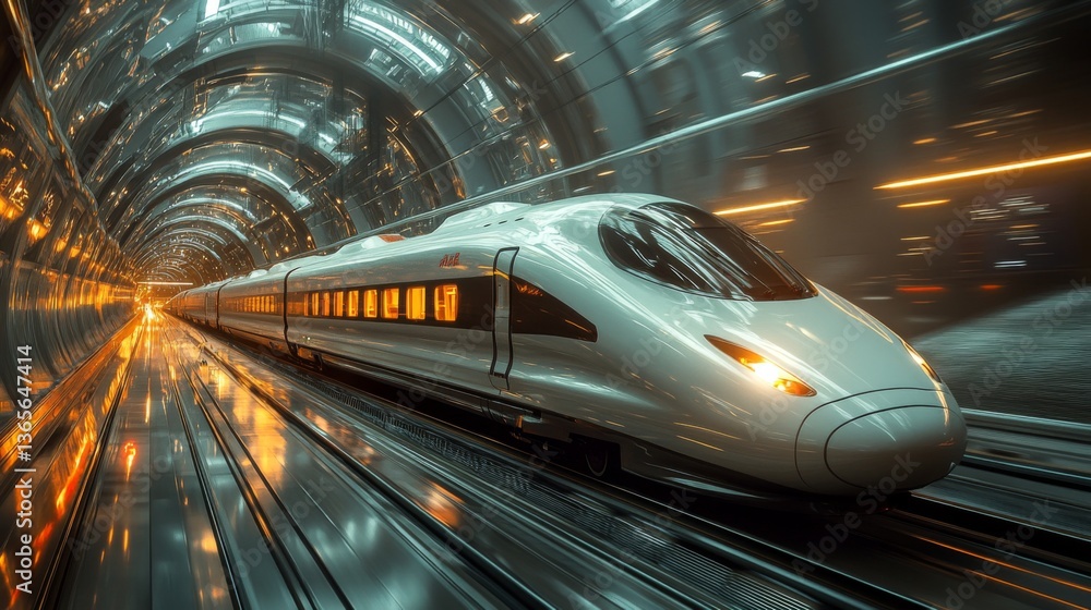 Naklejka premium A high speed maglev train speeds through a sleek, illuminated tunnel designed for efficient transportation, showcasing advanced infrastructure and modern mobility.