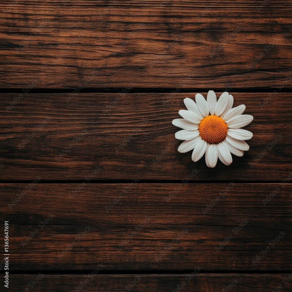 Obraz premium A single daisy rests on rustic wooden planks, creating a serene and natural feel, Ideal for backgrounds, wellness themes, or nature-related projects, it evokes freshness and simplicity,