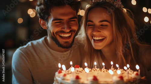 a joyful moment of a couple celebrating a birthday together, sharing a cake and laughter