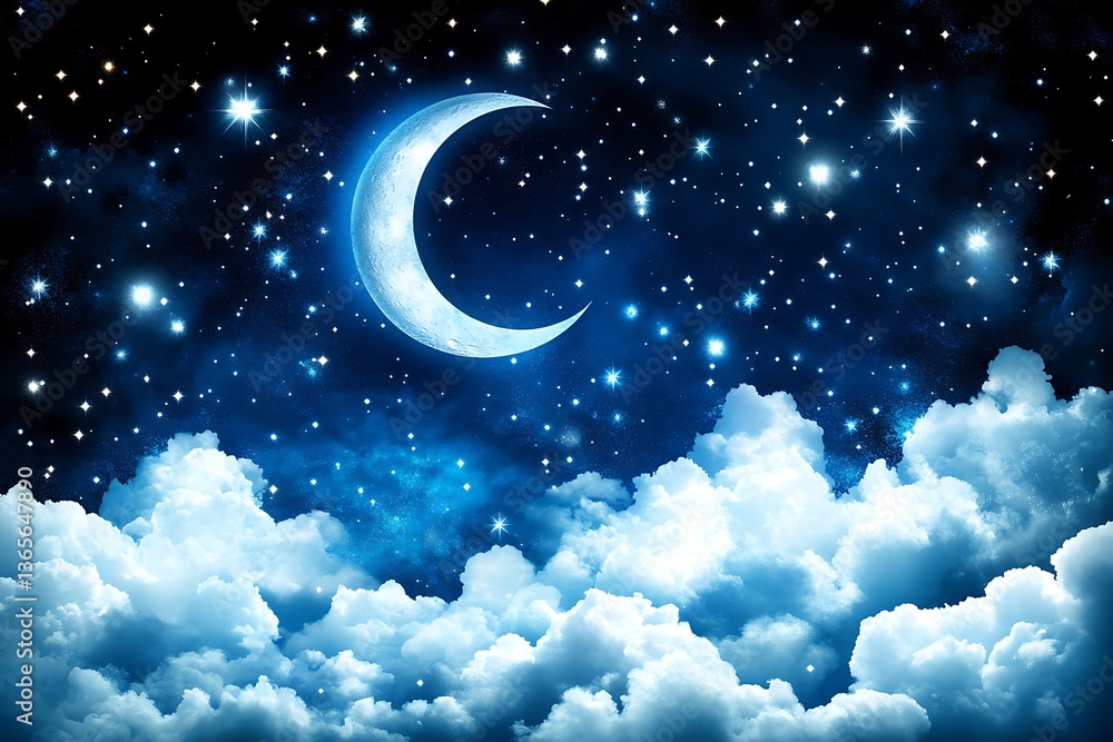 Crescent Moon Night Sky Cloudscape. Crescent Moon Night Sky Cloudscape.