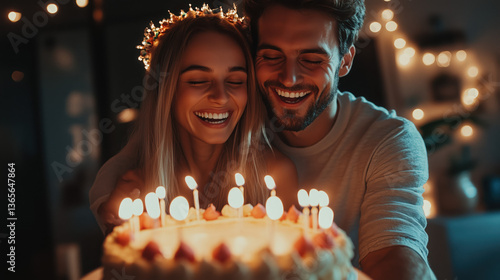 a joyful moment of a couple celebrating a birthday together, sharing a cake and laughter