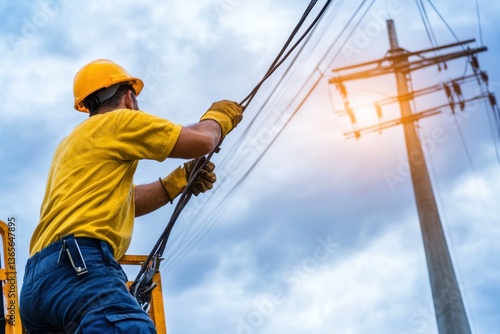 Lineman works overhead power lines