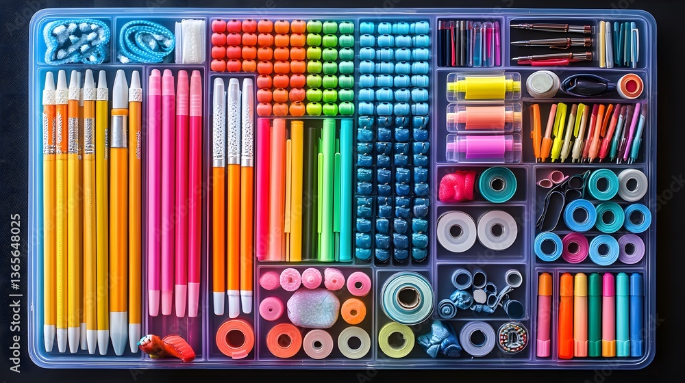 Obraz premium Colorful Organized Art Supplies in Plastic Storage Container Pens Markers Pencils Beads Tape