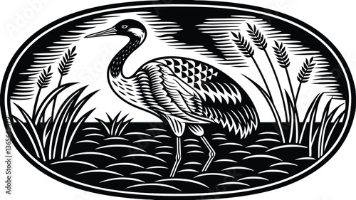 crane bird in water Vintage Black and White Hand-Drawn Illustration with Rugged Tires and Extreme Detailing