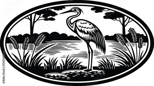  crane bird Vintage Black and White Hand-Drawn Illustration with Rugged Tires and Extreme Detailing