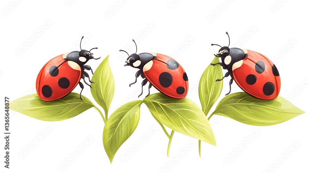 Fototapeta premium Three Ladybugs on Green Leaves Nature Close up Spring Insects Vivid Colors Detailed Illustration