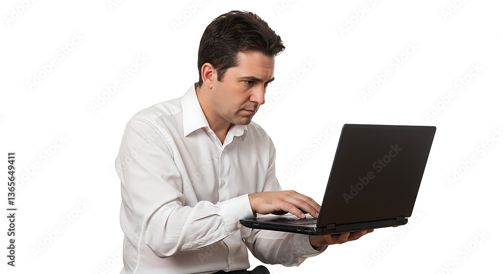 Man in white shirt using a black laptop deviceisolated on white background Man in white shirt using a black laptop deviceisolated on white background