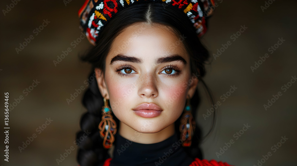 Portrait of a Young Woman with Freckles and Braids Wearing Traditional Headwear and Earrings Portrait of a Young Woman with Freckles and Braids Wearing Traditional Headwear and Earrings