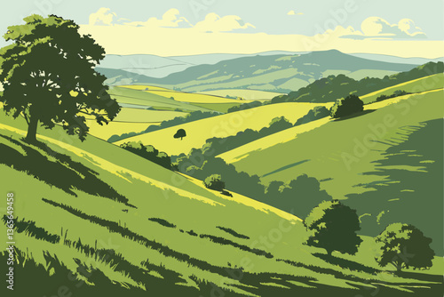 17 Rolling green hills, vibrant meadows, undulating landscape, azure sky, pastoral scenery, lush grasslands, tranquil countryside, sun-dappled slopes, serene valleys, distant mountains, verdant terrai