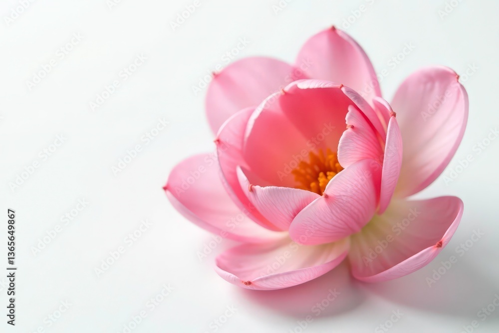 Delicate petal unfurls on pristine white background, detail, closeup Delicate petal unfurls on pristine white background, detail, closeup