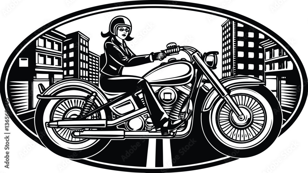 women riding Harley Davidson bike Vintage Black and White Hand-Drawn Illustration with Rugged Tires and Extreme Detailing
