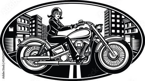 women riding Harley Davidson bike Vintage Black and White Hand-Drawn Illustration with Rugged Tires and Extreme Detailing