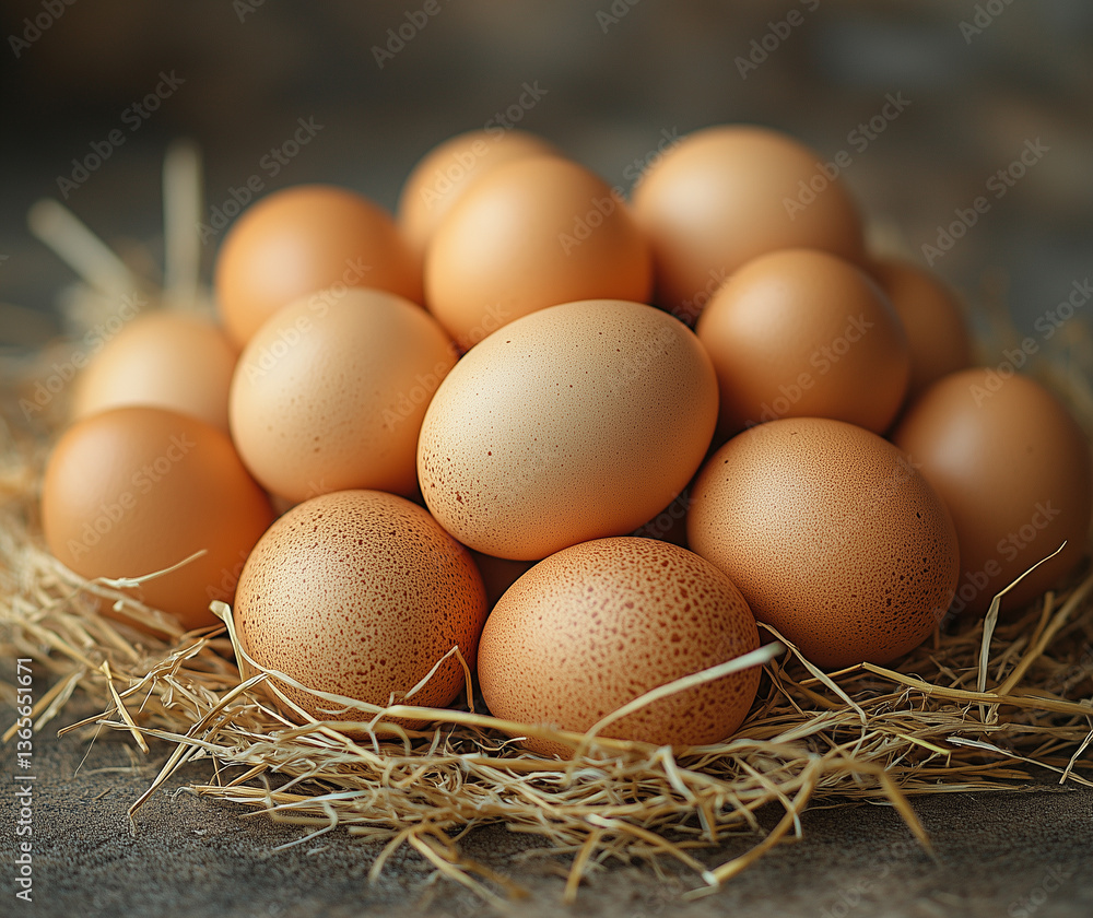 A collection of fresh brown eggs nestled in straw, ready for use A collection of fresh brown eggs nestled in straw, ready for use
