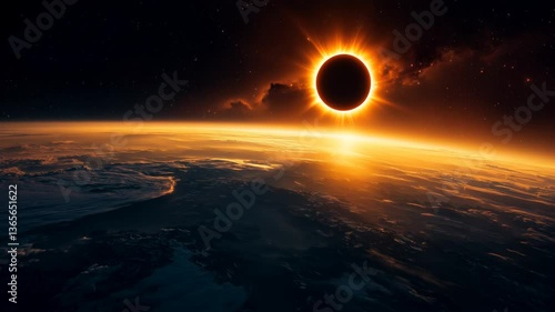 A dramatic solar and lunar eclipse occurring simultaneously, casting an eerie darkness over the world. The sun and moon align perfectly, creating a ring of fire in the sky.